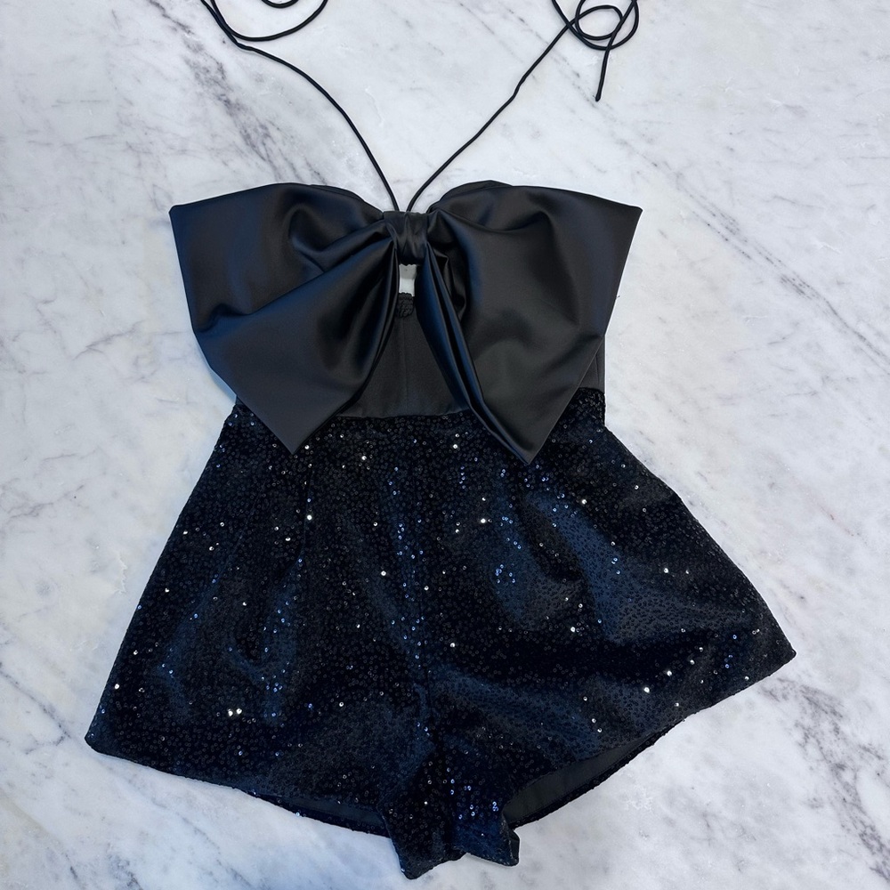 SOLD OUT Zara Black Bow Trim Sequin Jumpsuit Romper